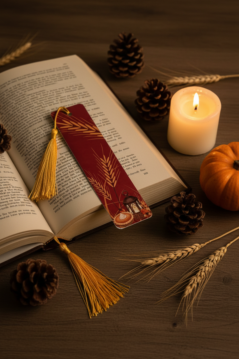 Thanksgiving Wheat Bookmark with gold tassel tucked into open hardcover book on dark walnut wood with lit candle pine cones dried wheat and mini pumpkin