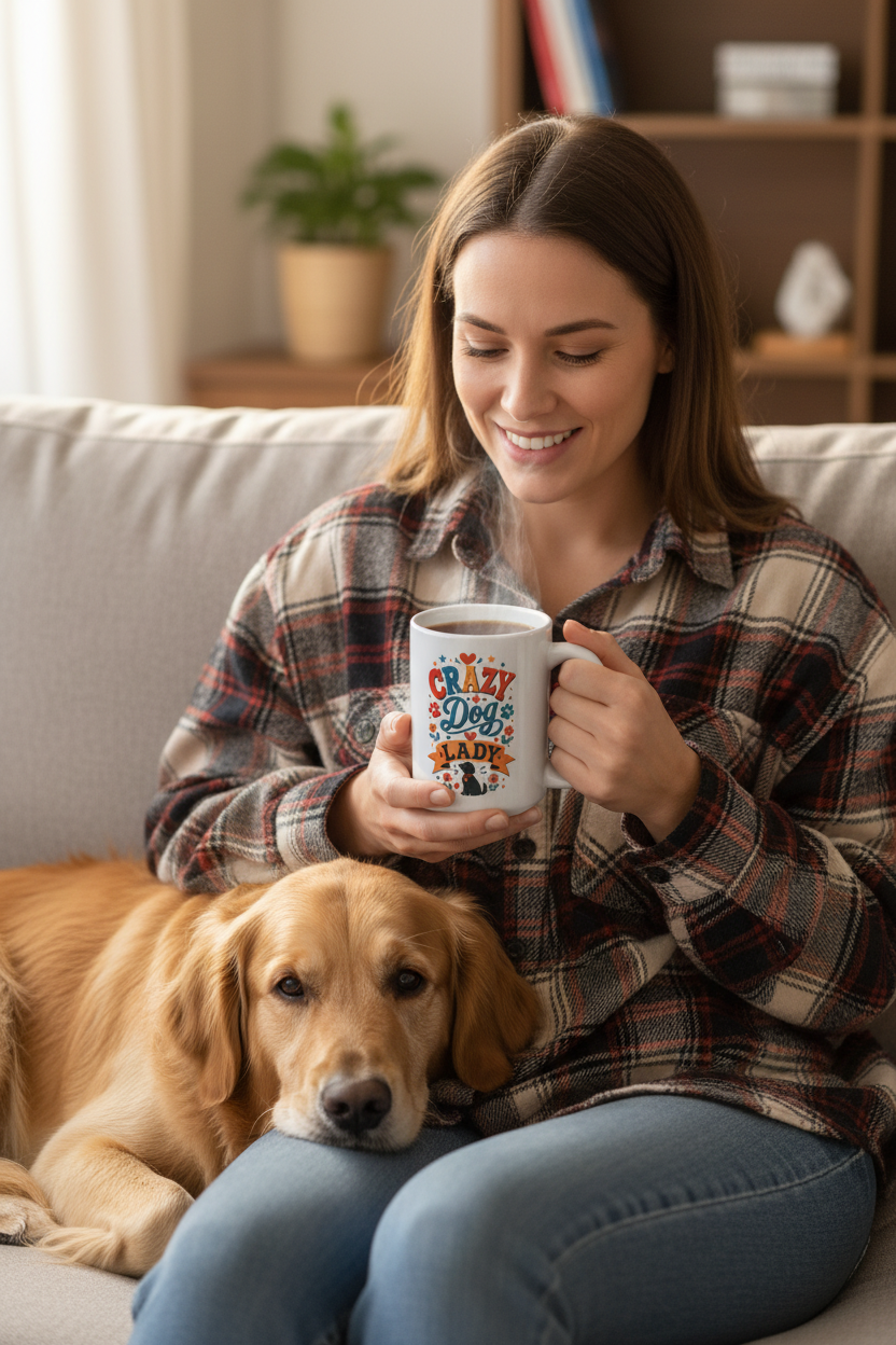 Smiling woman in flannel shirt holding Crazy Dog Lady Coffee Mug with both hands seated on couch with golden retriever beside her