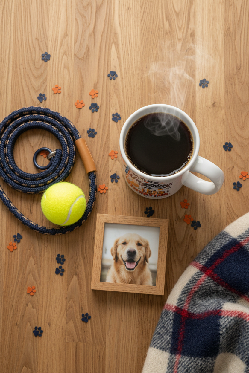 More Wagging Less Worrying Dog Mom Mug flat lay with steaming coffee surrounded by dog leash tennis ball paw print confetti framed dog photo and plaid blanket on oak wood