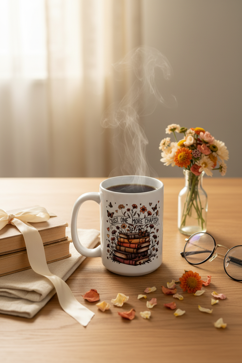 Just One More Chapter Mug flat lay with steaming coffee surrounded by worn paperback books wildflower bouquet reading glasses and cream linen napkin on oak wood