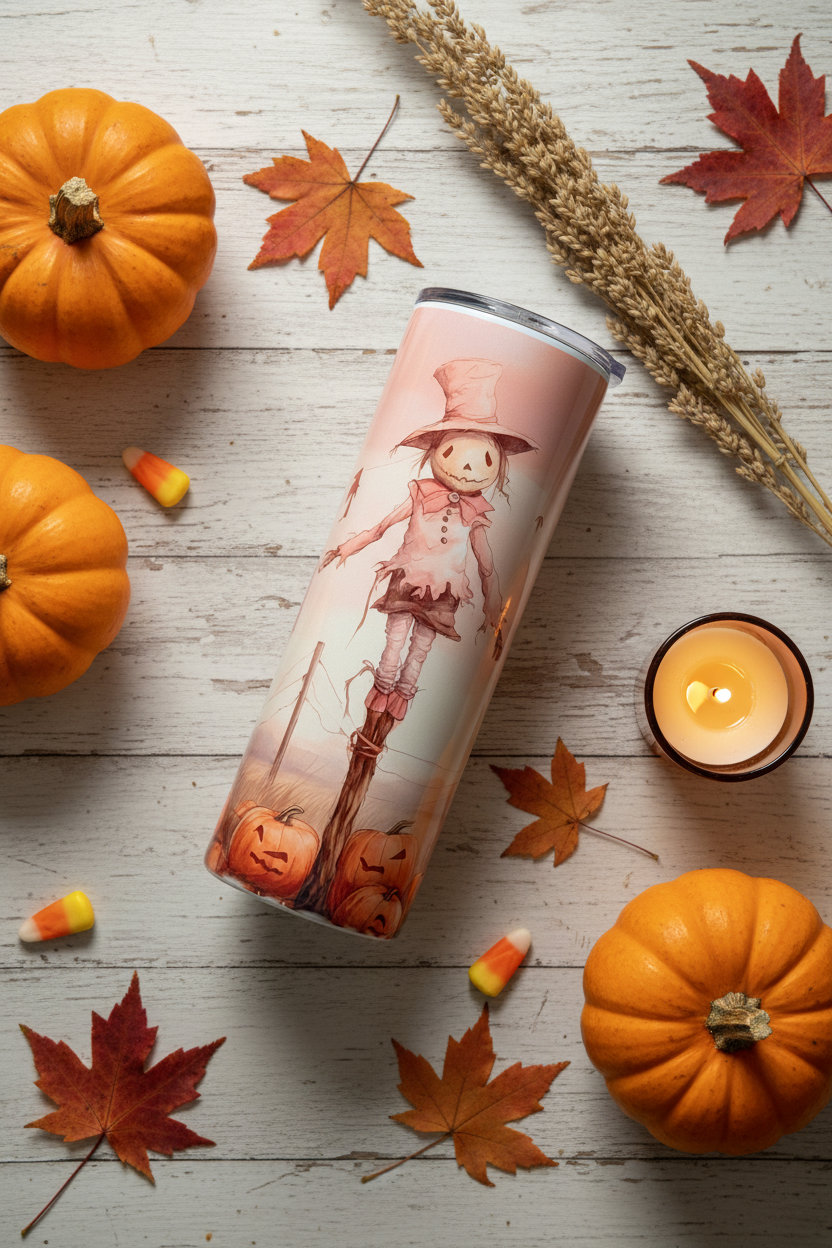 Halloween Scarecrow Tumbler spooky chic flat lay with mini pumpkins, dried corn stalks, red maple leaves and amber votive candle