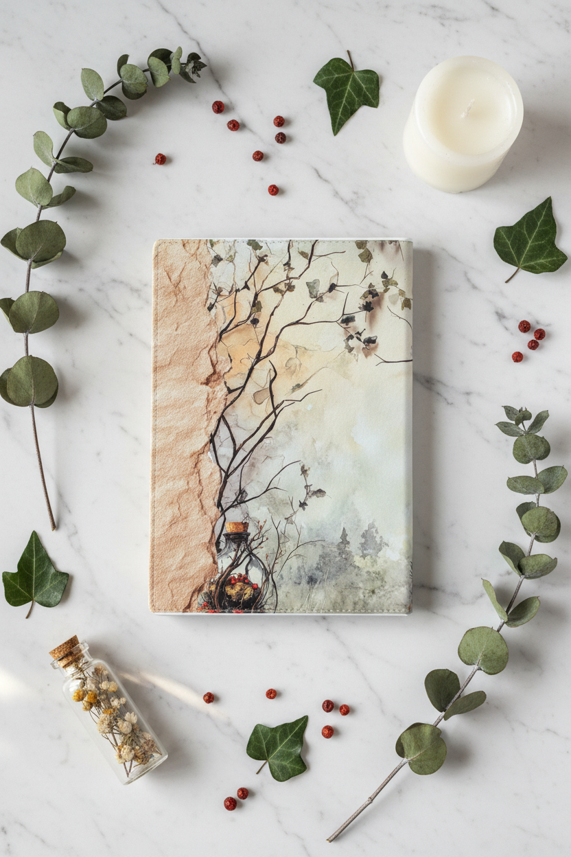 Rooted in Quiet Moments journal back cover dreamy flat lay with glass bottle, eucalyptus, white candle and dried berries on marble