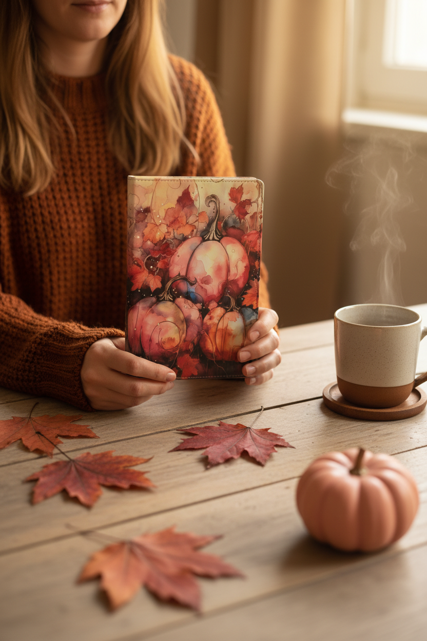 Woman in rust knit sweater holding watercolor pumpkin faux leather journal showing full cover art in autumn setting