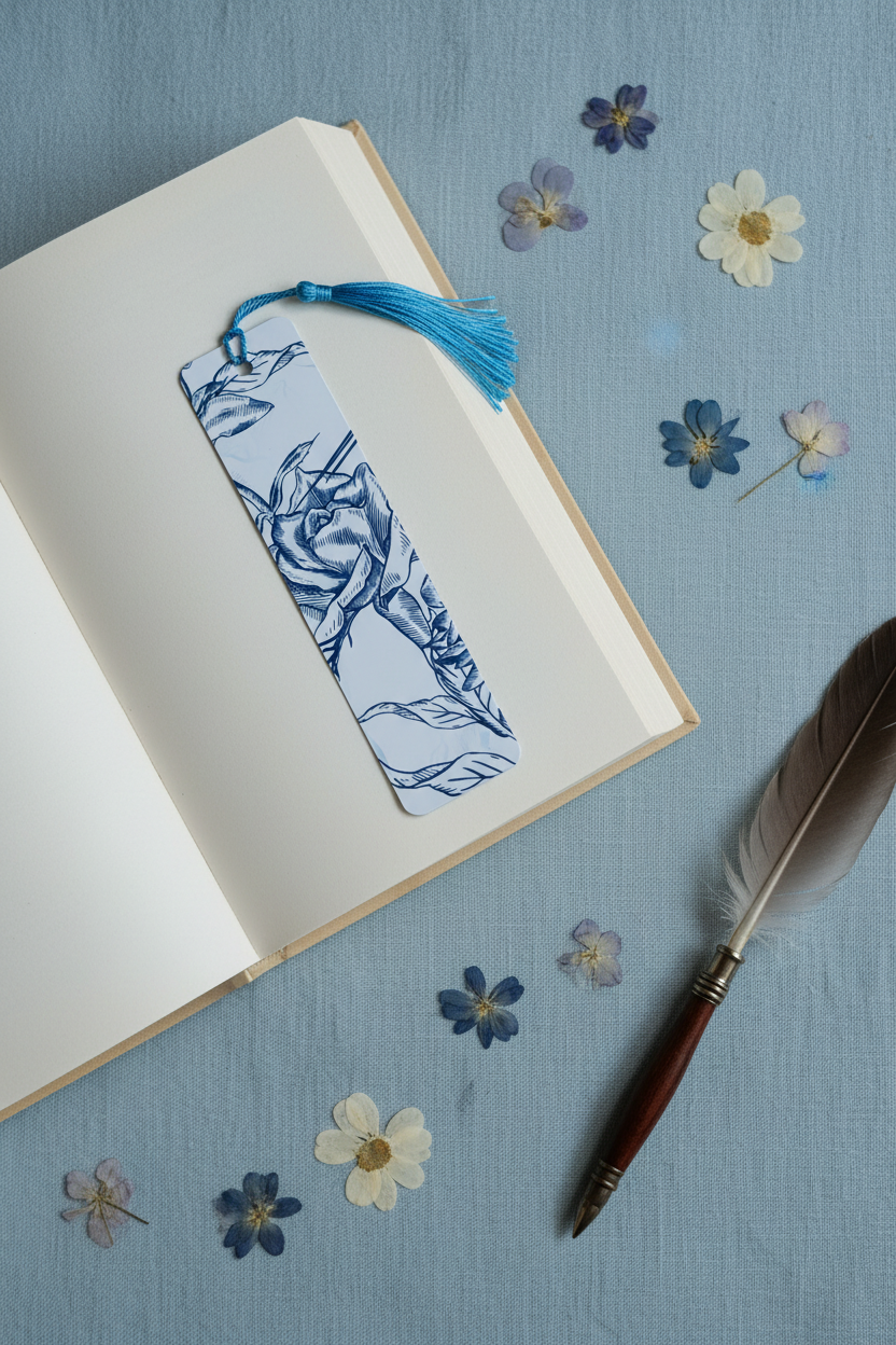 Blue Rose Etching Bookmark with teal tassel tucked into open hardcover book on light linen with dried pressed flowers and antique pen nearby