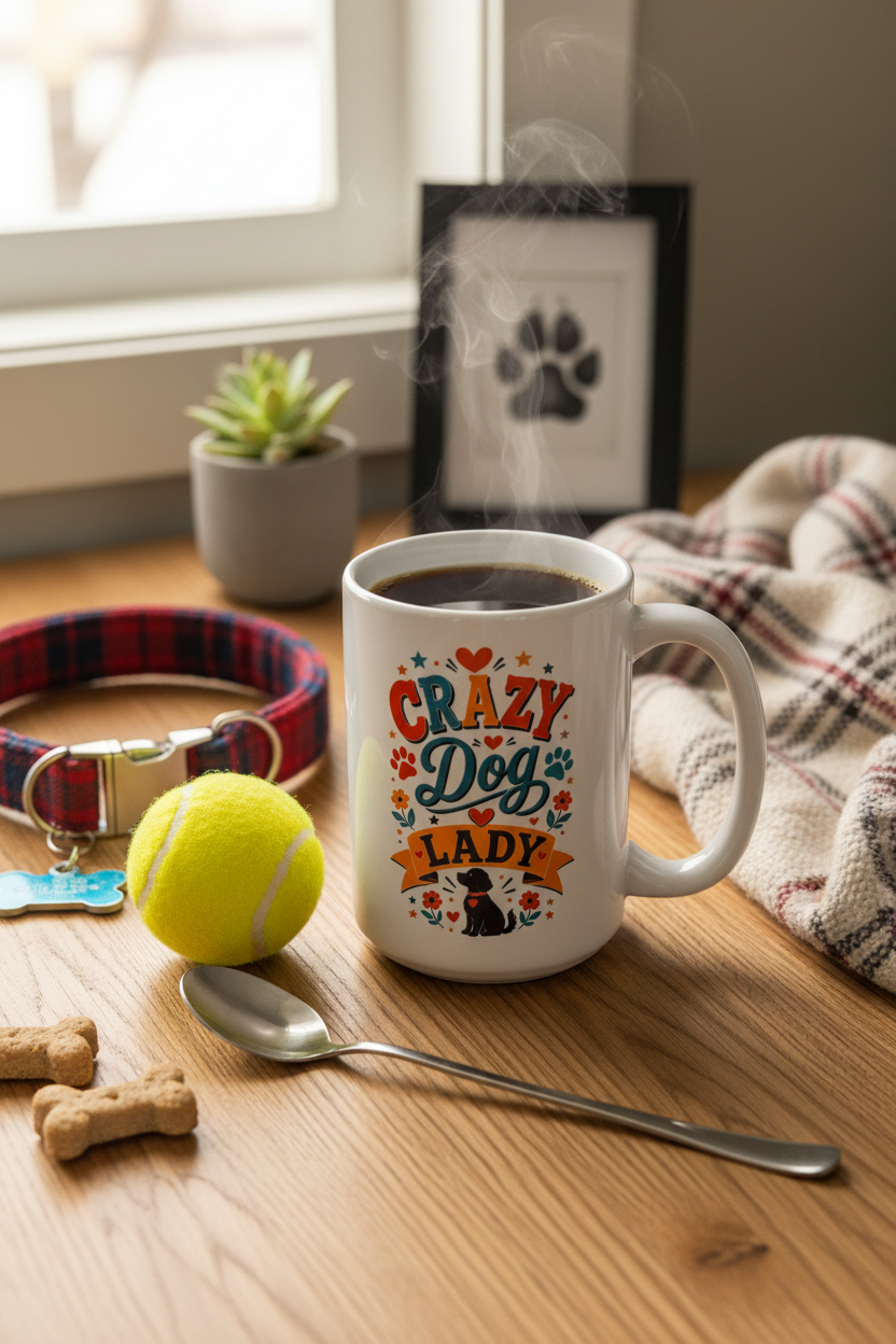Crazy Dog Lady Coffee Mug flat lay with steaming coffee surrounded by dog collar tennis ball framed paw print plaid blanket and dog treats on oak wood