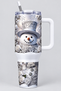 40oz white tumbler with silver-hatted snowman, white roses and frosted flowers