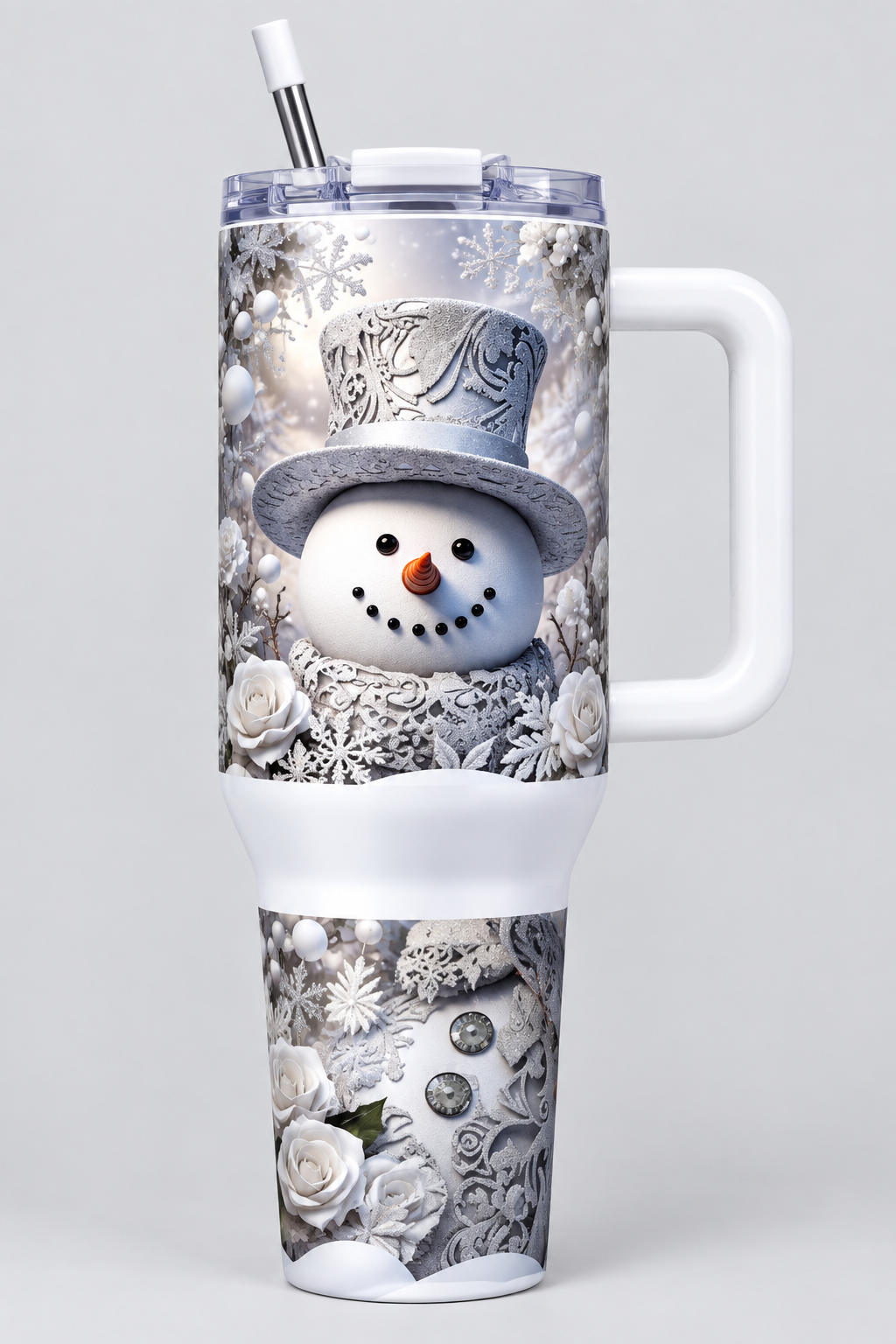 40oz white tumbler with silver-hatted snowman, white roses and frosted flowers