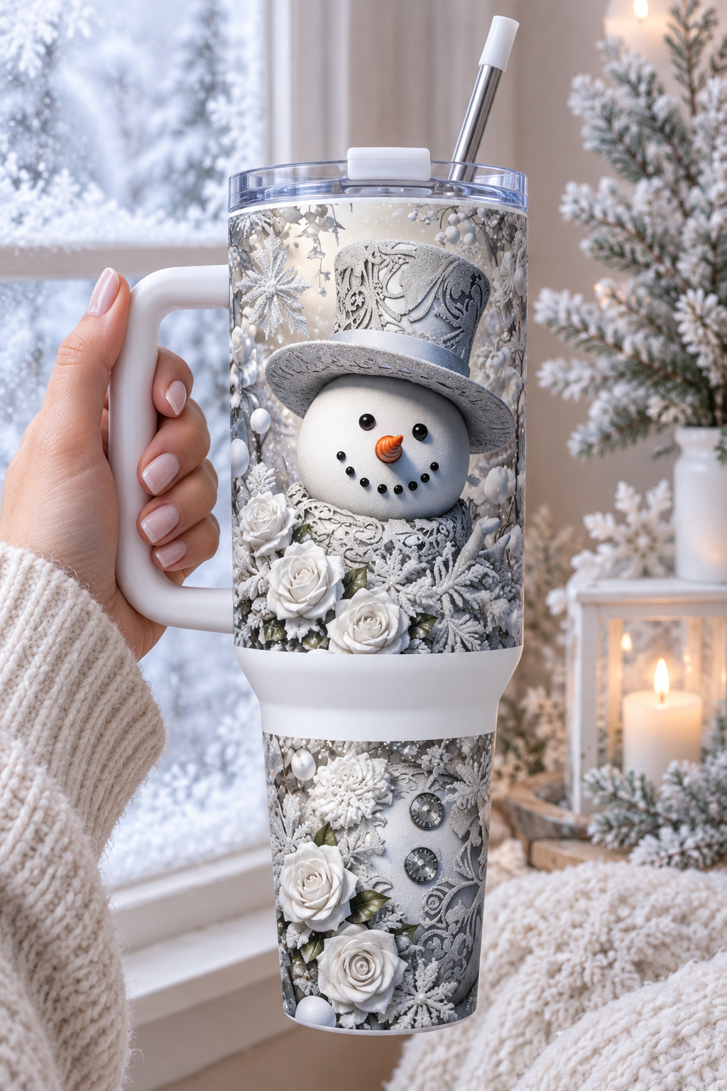 Silver Snowman 40oz tumbler held near cozy snowy window