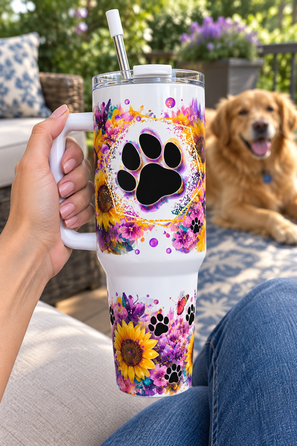 Sunflower paw print 40oz tumbler held on patio with dog in background