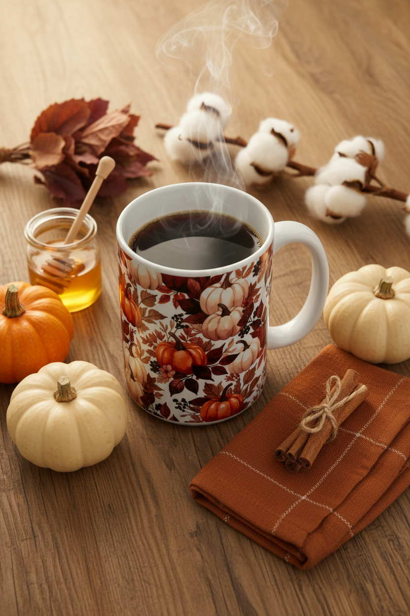 Pumpkin Harvest Coffee Mug flat lay with steaming coffee surrounded by orange and cream pumpkins burgundy leaves cinnamon sticks honey jar cotton stems and rust plaid napkin