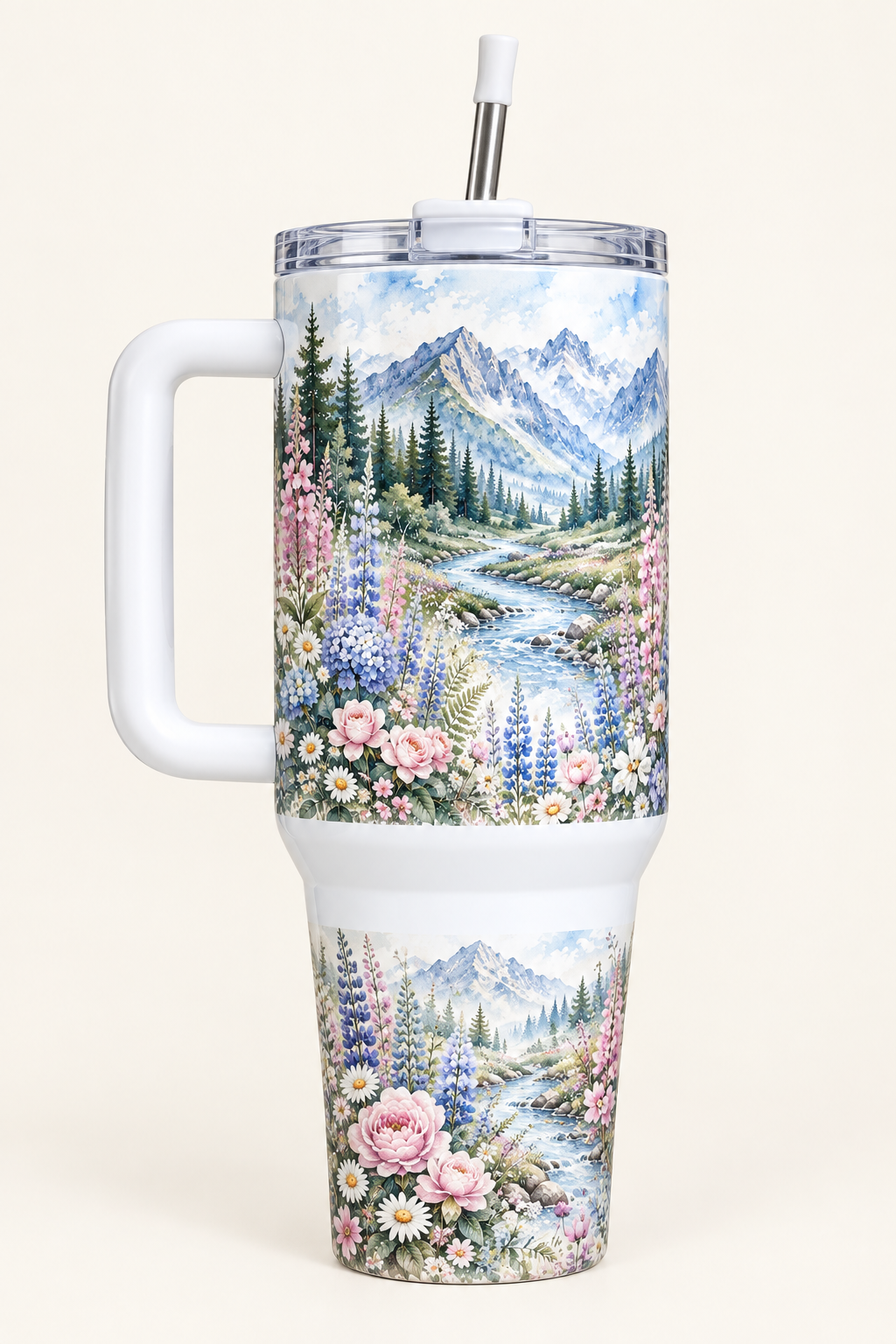 40oz handled tumbler with watercolor mountains, stream, pine trees and pastel wildflowers