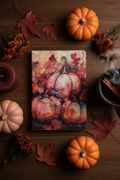 Watercolor pumpkin journal autumn flat lay with blush pumpkins, red maple leaves, burgundy candle and spiced cider mug