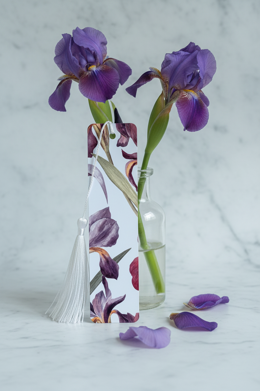 Purple Iris Bookmark with silver tassel standing upright against glass bud vase with fresh purple iris stems on marble surface with scattered purple petals