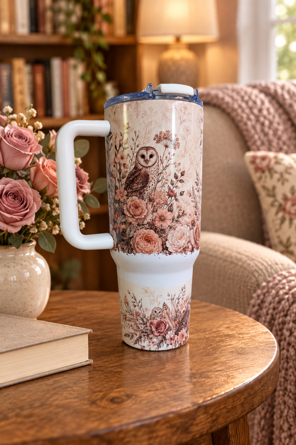 Blush floral owl 40oz tumbler on wooden table in cozy reading nook