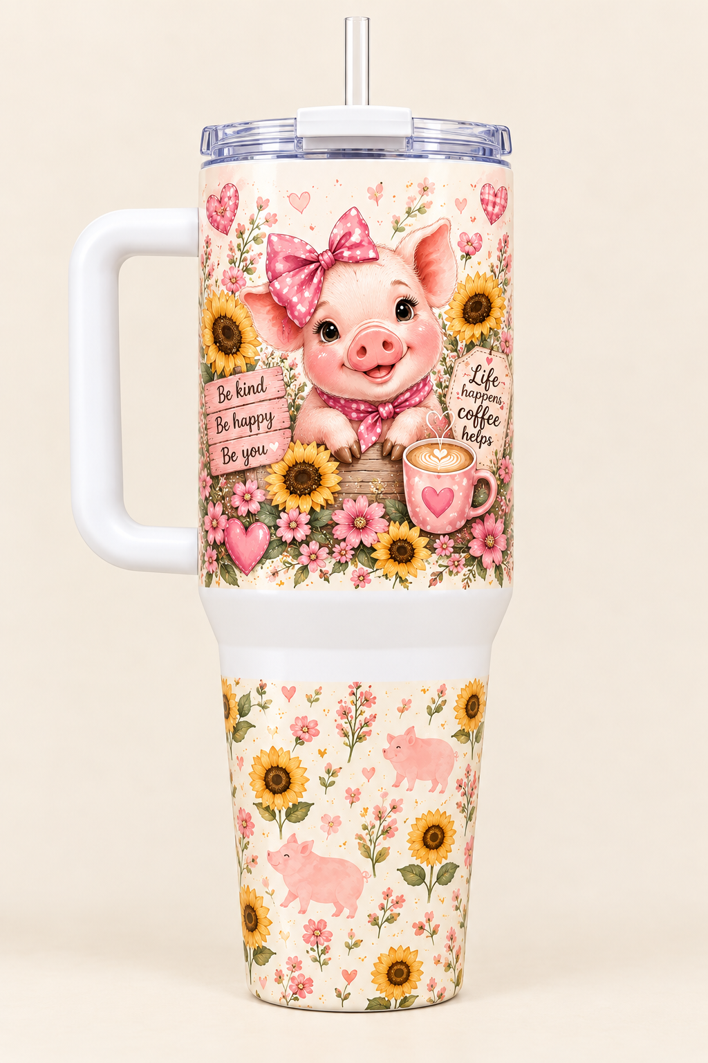 Piggy and sunflower 40oz handled tumbler product mockup