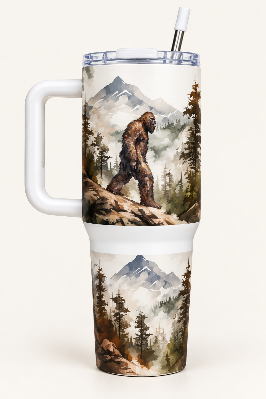 40oz handled tumbler showing Bigfoot against misty mountain forest