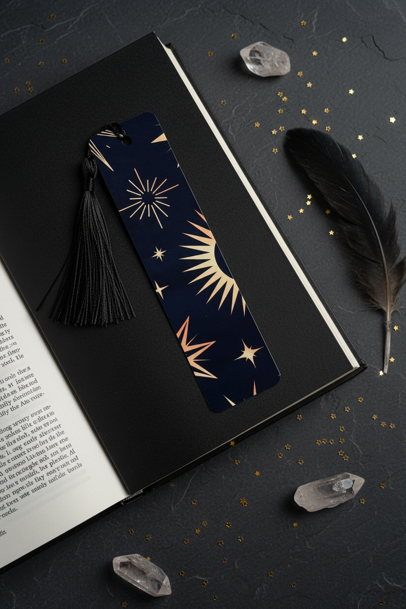 Celestial Moon and Stars Bookmark with black tassel tucked into dark hardcover book on navy linen with small crystals dried feather and gold star confetti