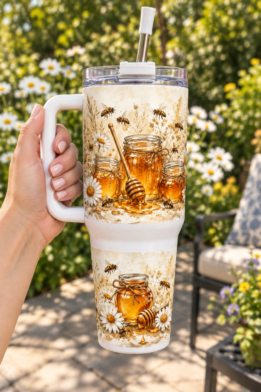 Honey and Daisies 40oz tumbler held on sunny patio