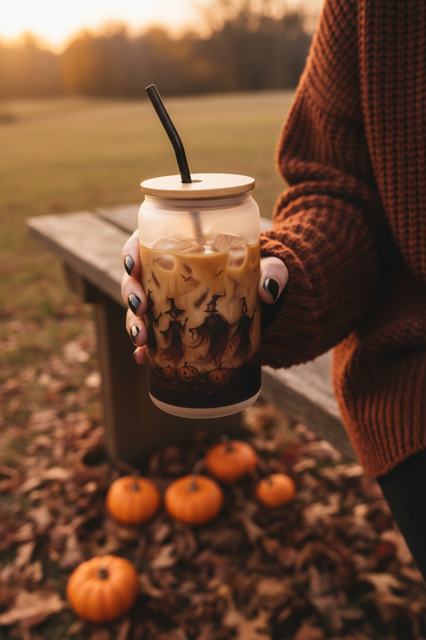 Woman in dark rust knit sweater holding Halloween Scarecrow Witch Glass Can filled with creamy iced coffee outdoors with pumpkins and autumn leaves