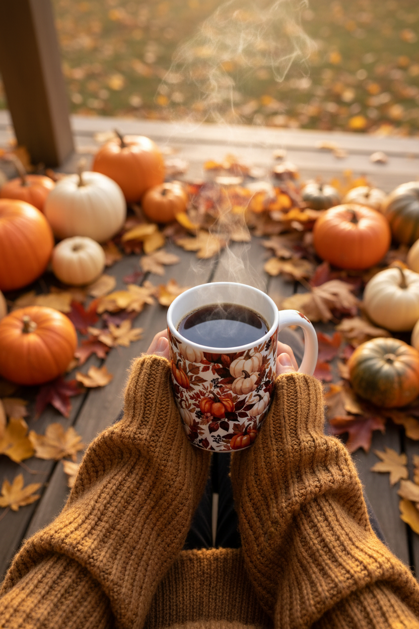 Woman in caramel chunky knit sweater holding Pumpkin Harvest Coffee Mug on wooden porch surrounded by pumpkins and golden autumn leaves