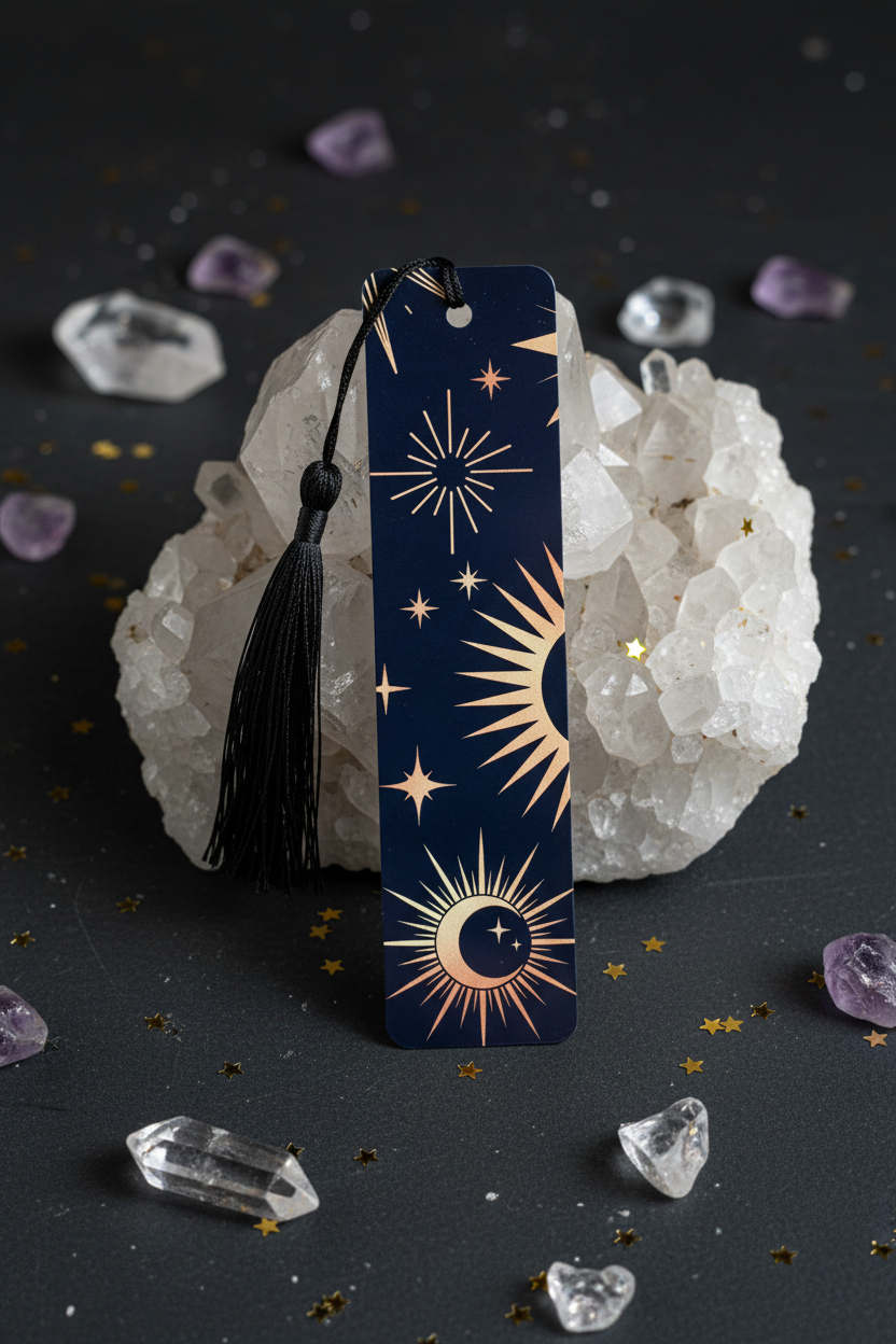 Celestial Moon and Stars Bookmark with black tassel standing upright against amethyst crystal cluster on dark slate with scattered crystals and gold star confetti