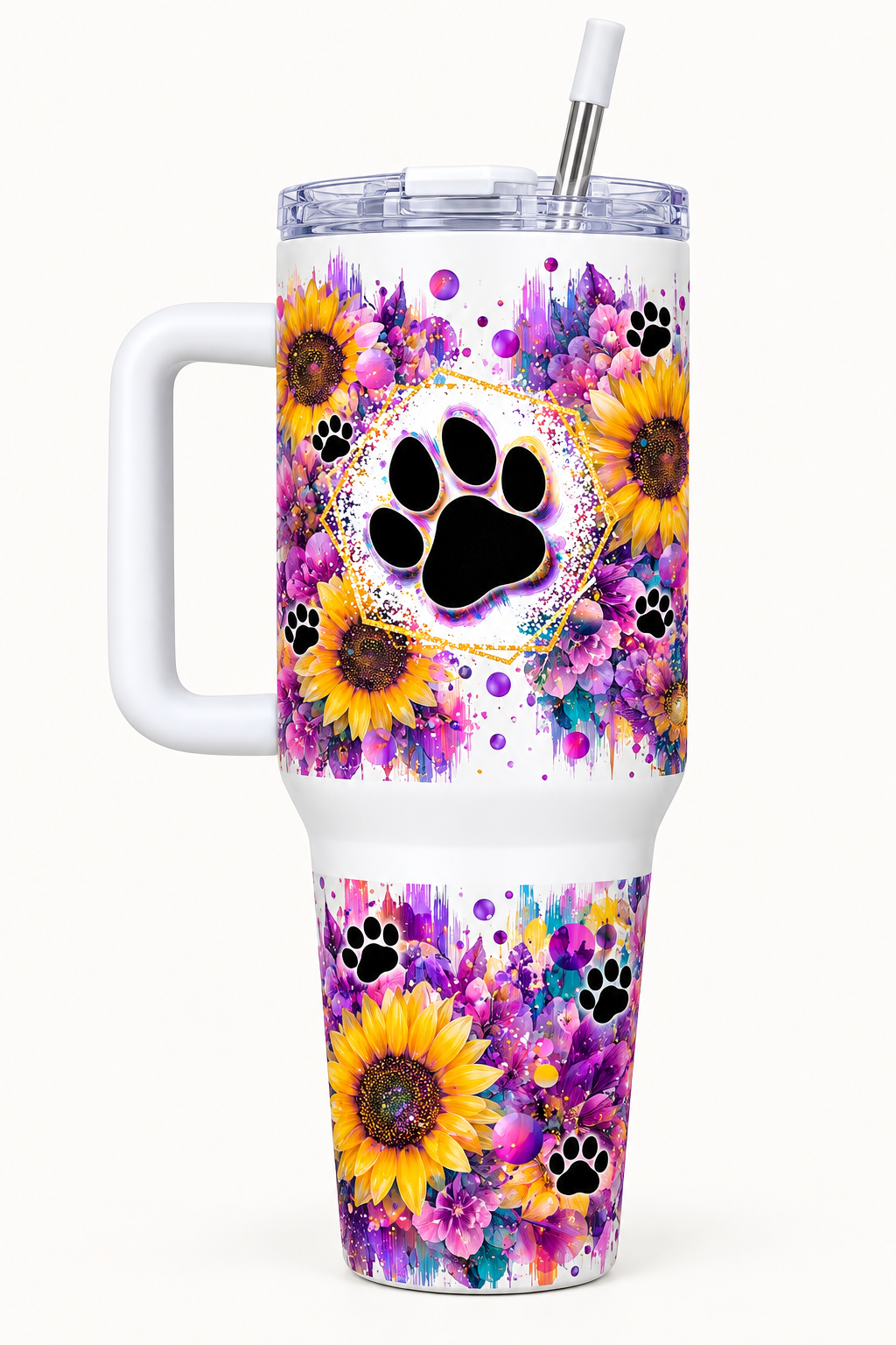 40oz handled tumbler with black paw print, yellow sunflowers and purple florals