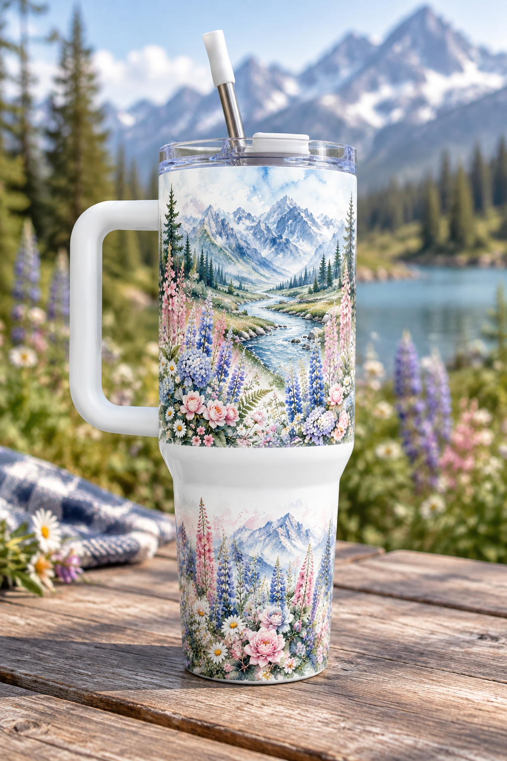 Alpine Wildflowers 40oz tumbler on picnic table by mountain lake