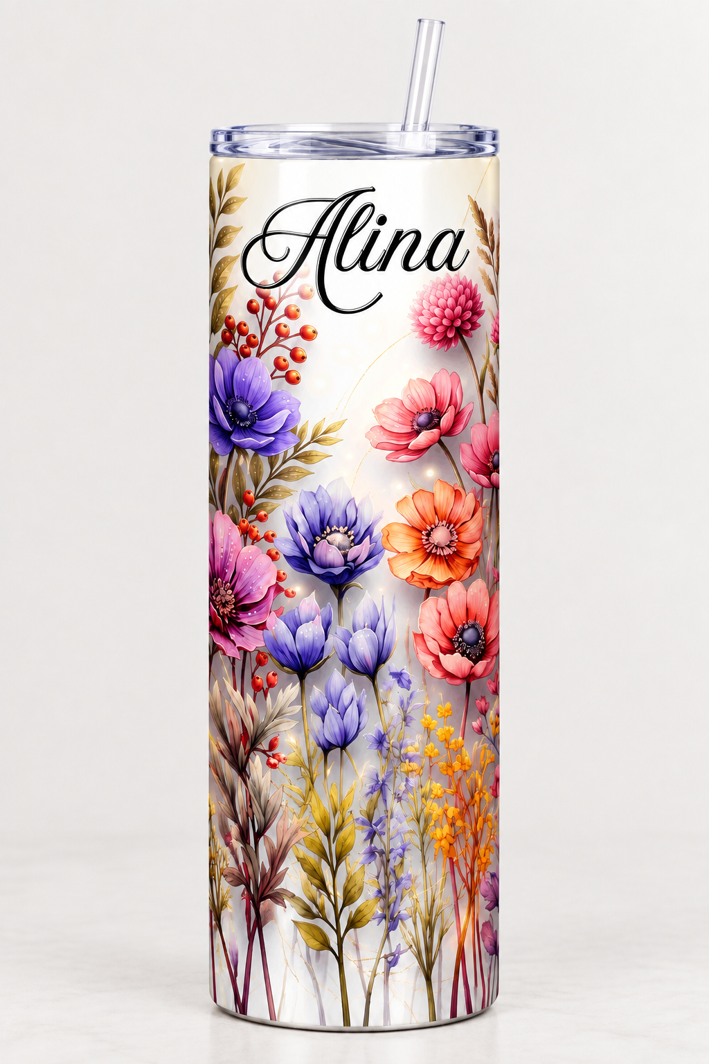 Wildflower Sunset 20oz skinny tumbler mockup with sample name Alina