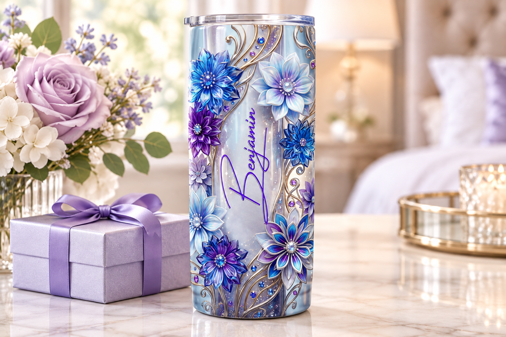 Jasmine blue and lavender floral tumbler lifestyle gift photo