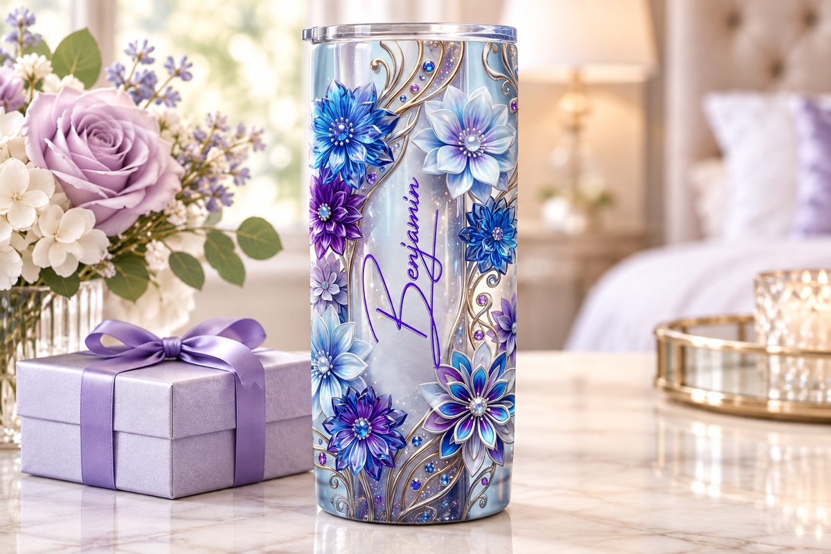 Jasmine blue and lavender floral tumbler lifestyle gift photo