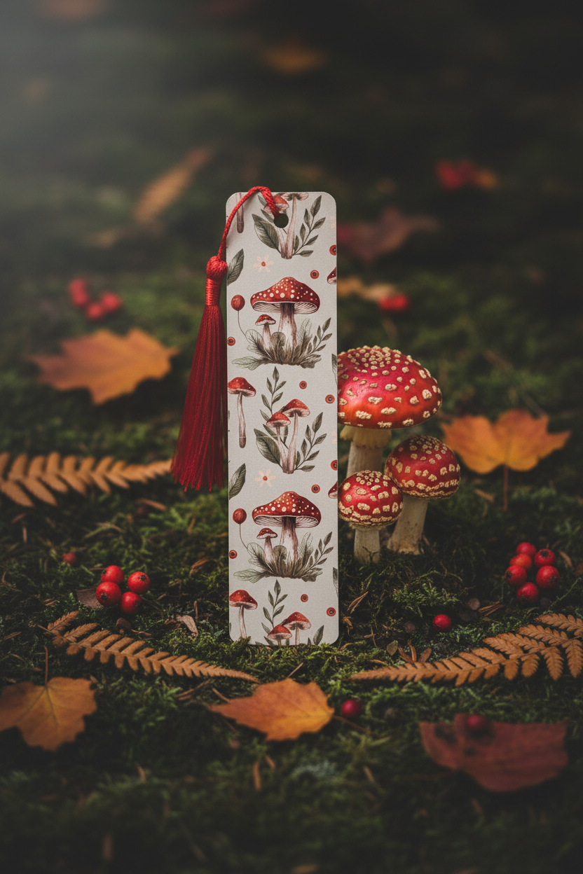 Mushroom Bookmark with red tassel standing upright against real mushroom cluster on mossy forest floor surface surrounded by autumn leaves red berries and dried ferns