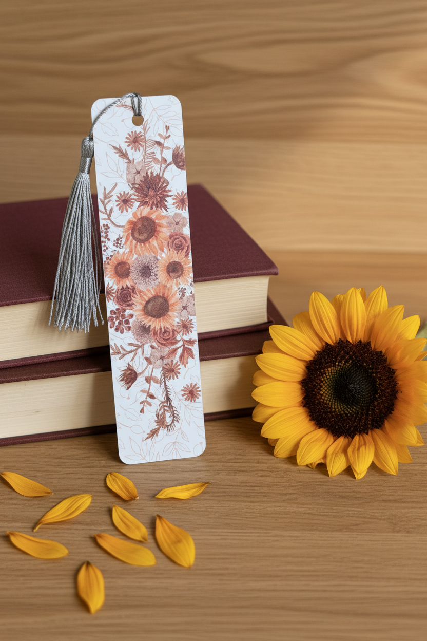 Sunflower Bouquet Bookmark with silver tassel displayed upright leaning against hardcover books with dried sunflower petals and fresh sunflower on oak wood surface