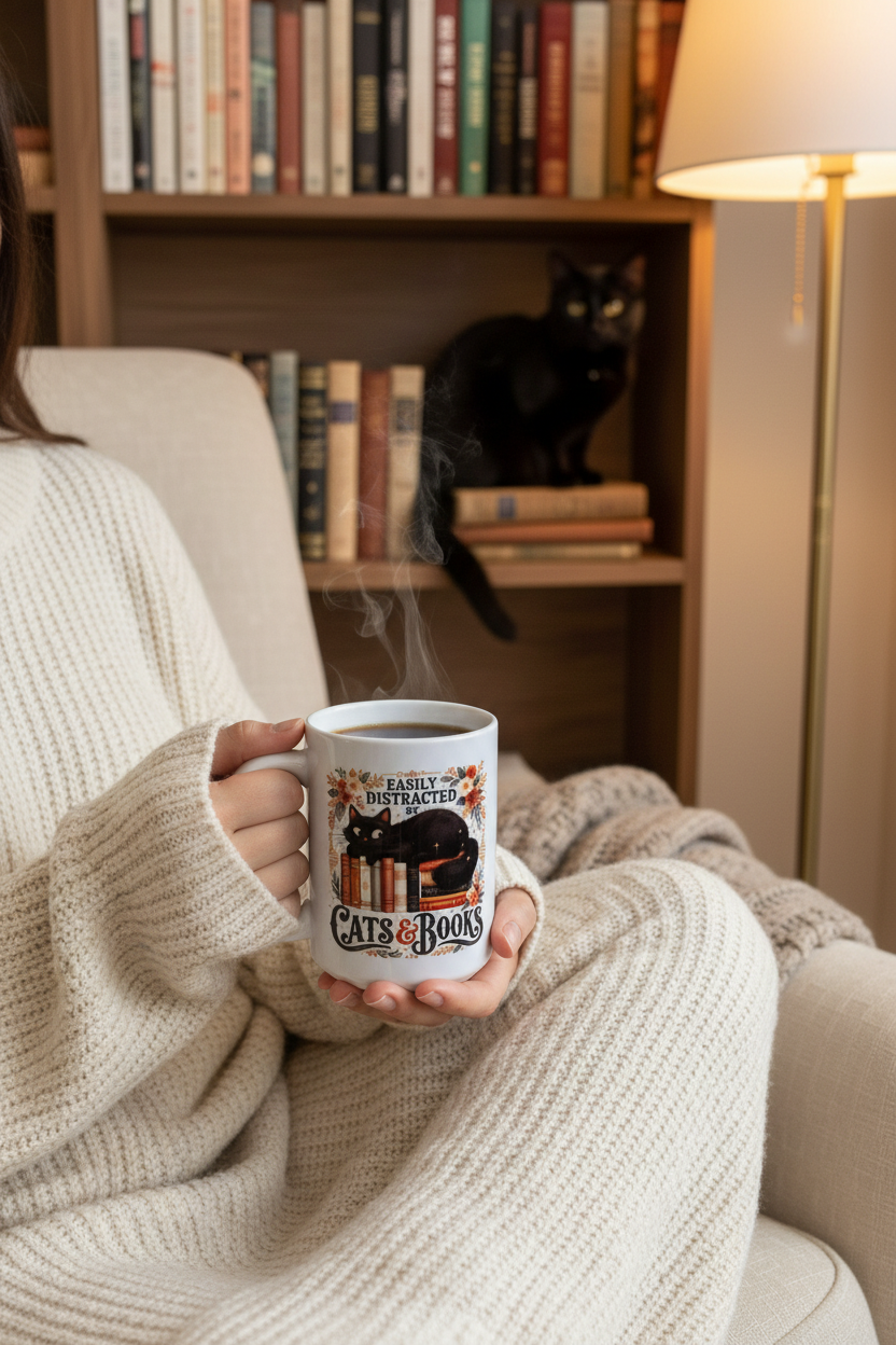 Woman in cream knit sweater holding Easily Distracted By Cats and Books Coffee Mug curled in armchair reading nook with bookshelf and black cat nearby