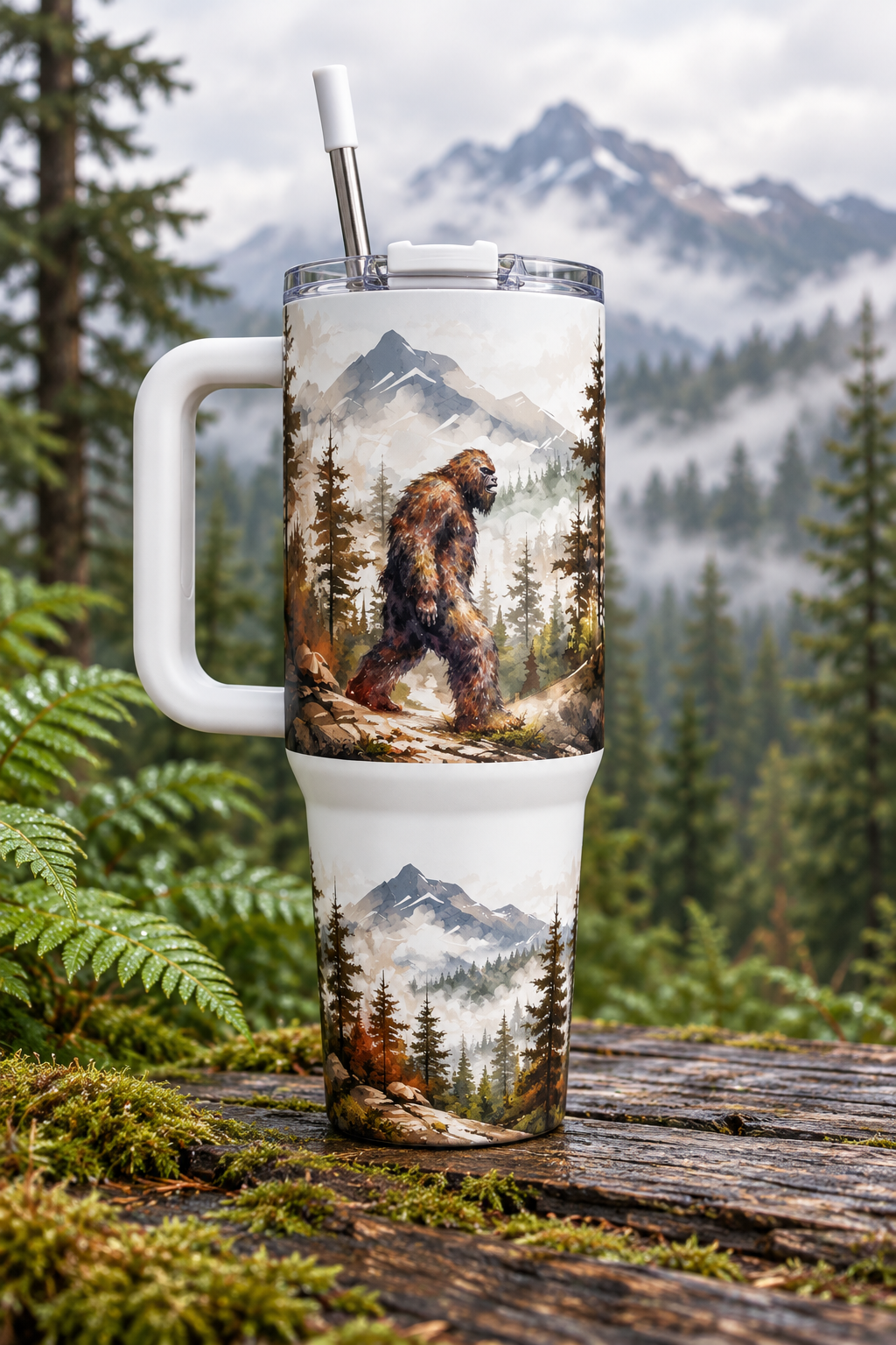 PNW Bigfoot 40oz tumbler on mossy table in foggy evergreen forest