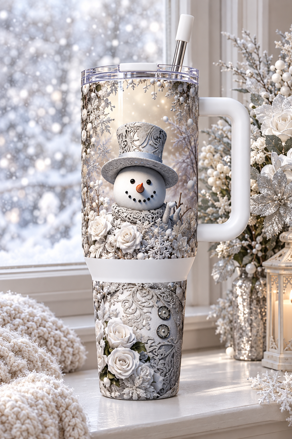 Silver Snowman 40oz tumbler by snowy window