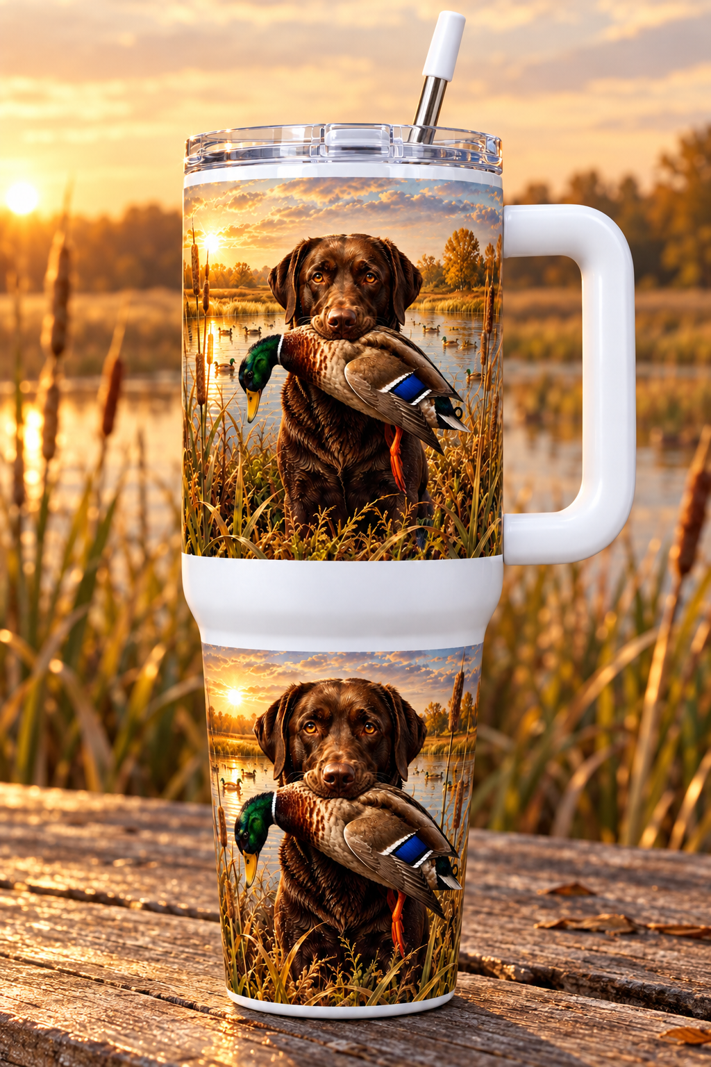 Retriever and mallard artwork repeated on upper and lower tumbler beside sunset marsh