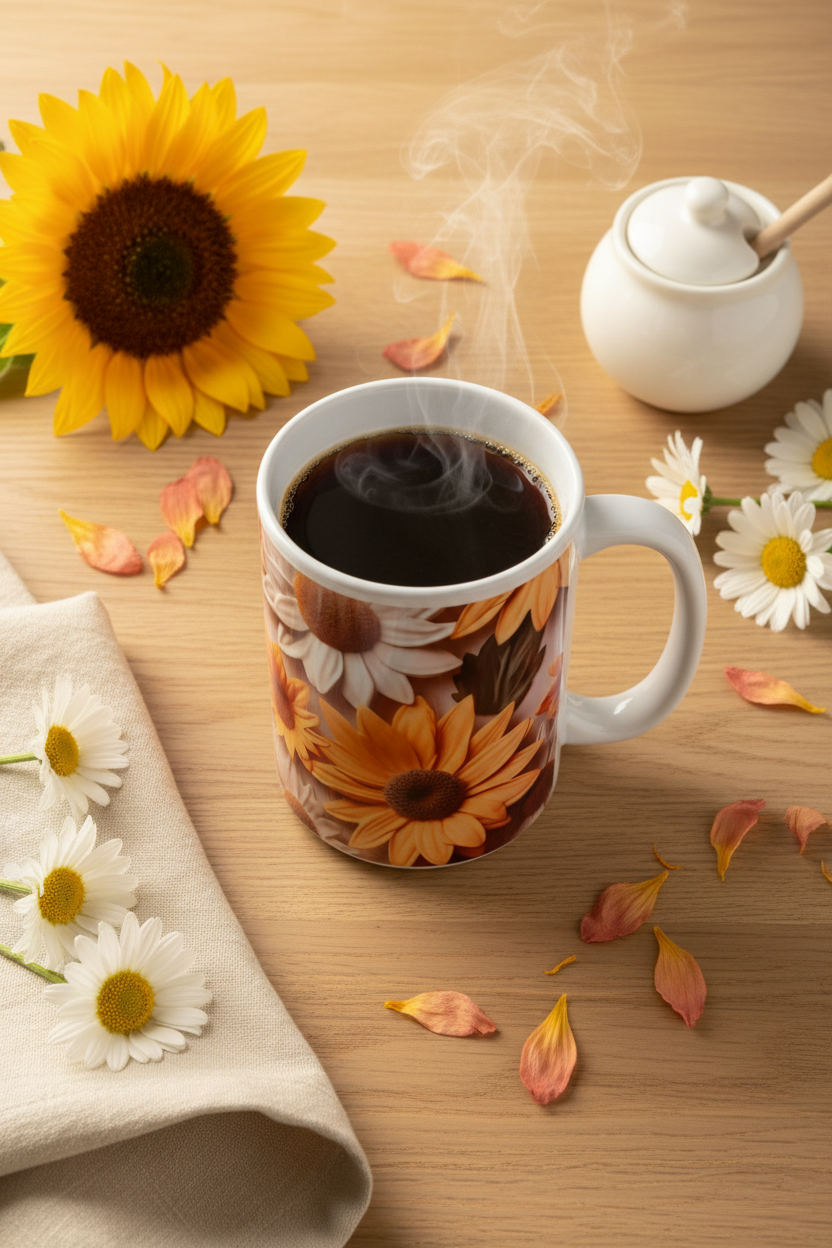 3D Sunflower Daisy Mug flat lay with steaming coffee surrounded by fresh sunflower white daisies ceramic honey pot and cream linen napkin on oak wood