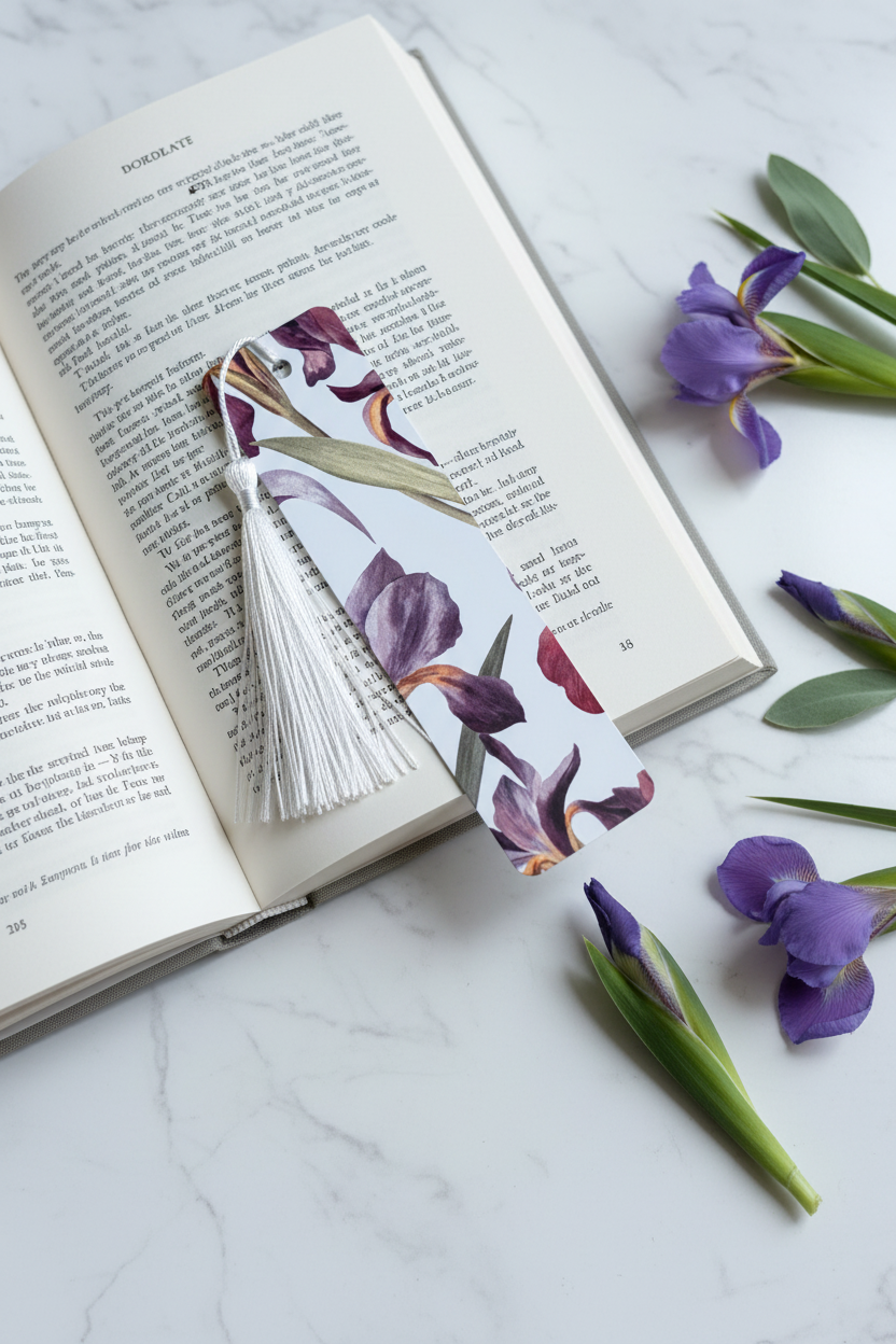 Purple Iris Bookmark with silver tassel tucked into open hardcover book on marble surface with fresh purple iris blooms and scattered green leaves