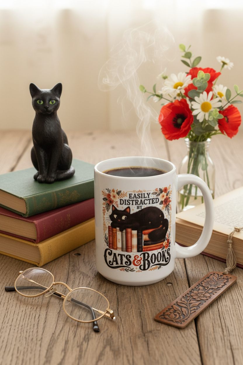 Cat and Books Coffee Mug flat lay with steaming coffee surrounded by stack of hardcover books black cat figurine red wildflowers and reading glasses on oak wood