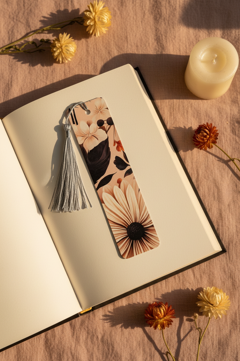 Dark Floral Bookmark with silver tassel tucked into open hardcover book on blush linen with dried cream and rust flowers and small cream candle