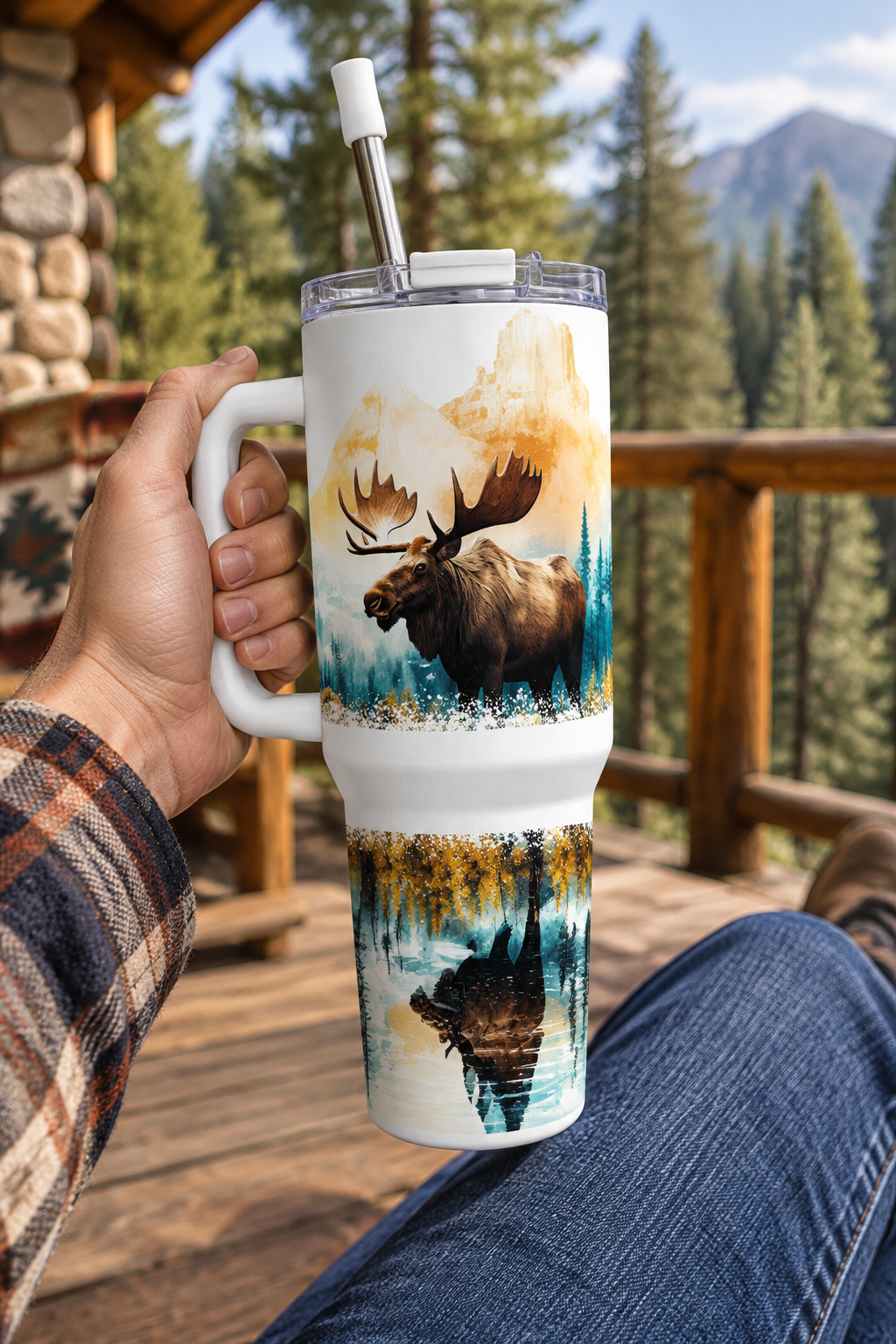 Golden Mountain Moose 40oz tumbler held on cabin deck