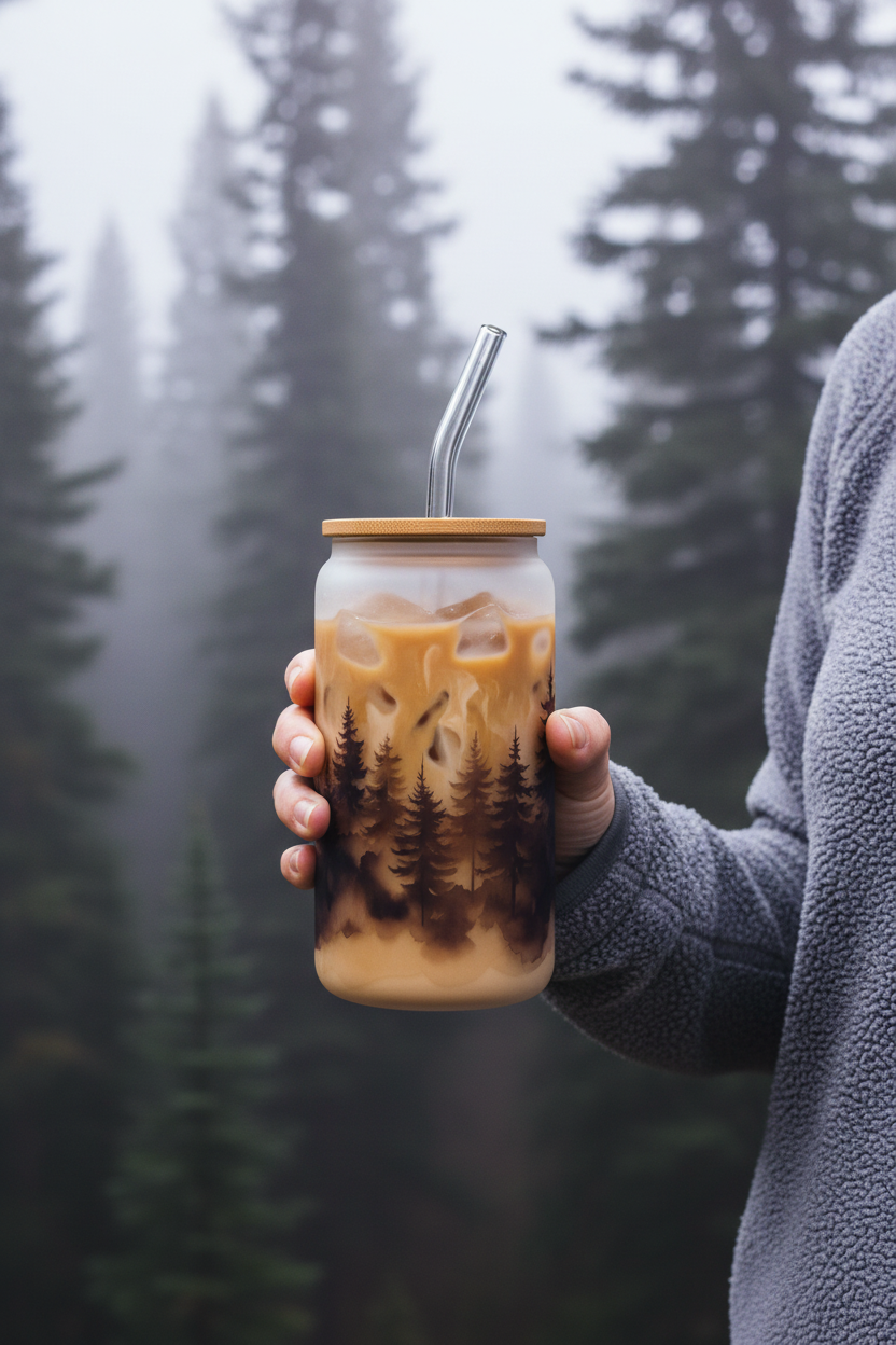 Woman in grey fleece holding Misty Pine Forest Glass Can filled with creamy iced coffee standing outdoors in misty pine forest morning light