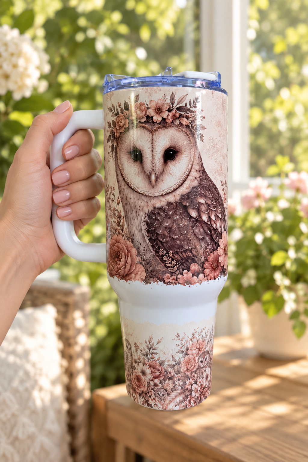 Blush floral owl 40oz tumbler held by handle near sunny window