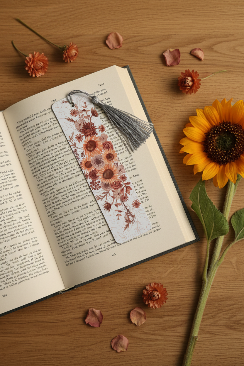Sunflower Bouquet Bookmark with silver tassel tucked into open hardcover book on oak wood surface with dried flowers and fresh sunflower stem nearby