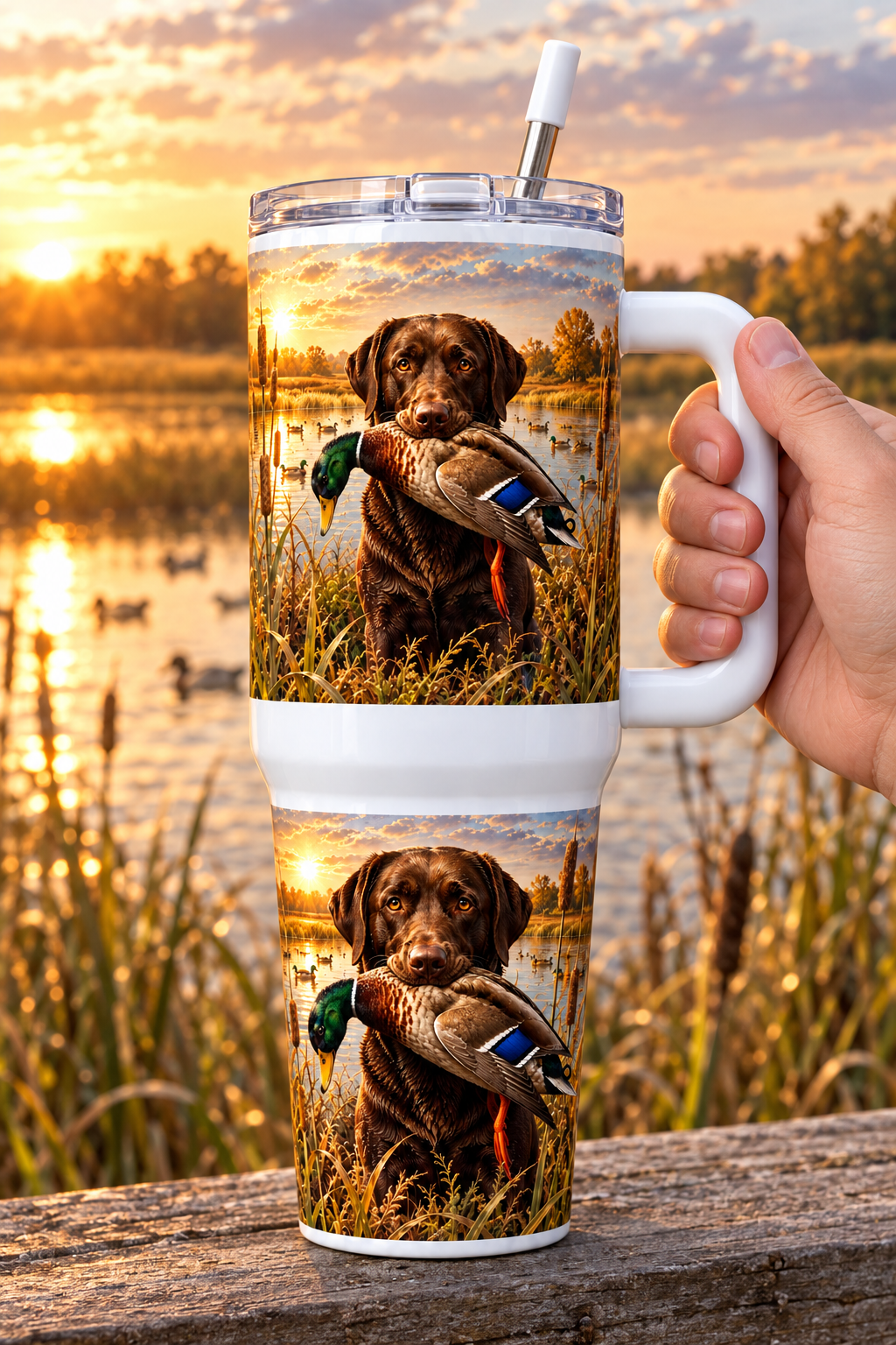 Retriever and mallard artwork on both printed sections of 40oz tumbler held at marsh