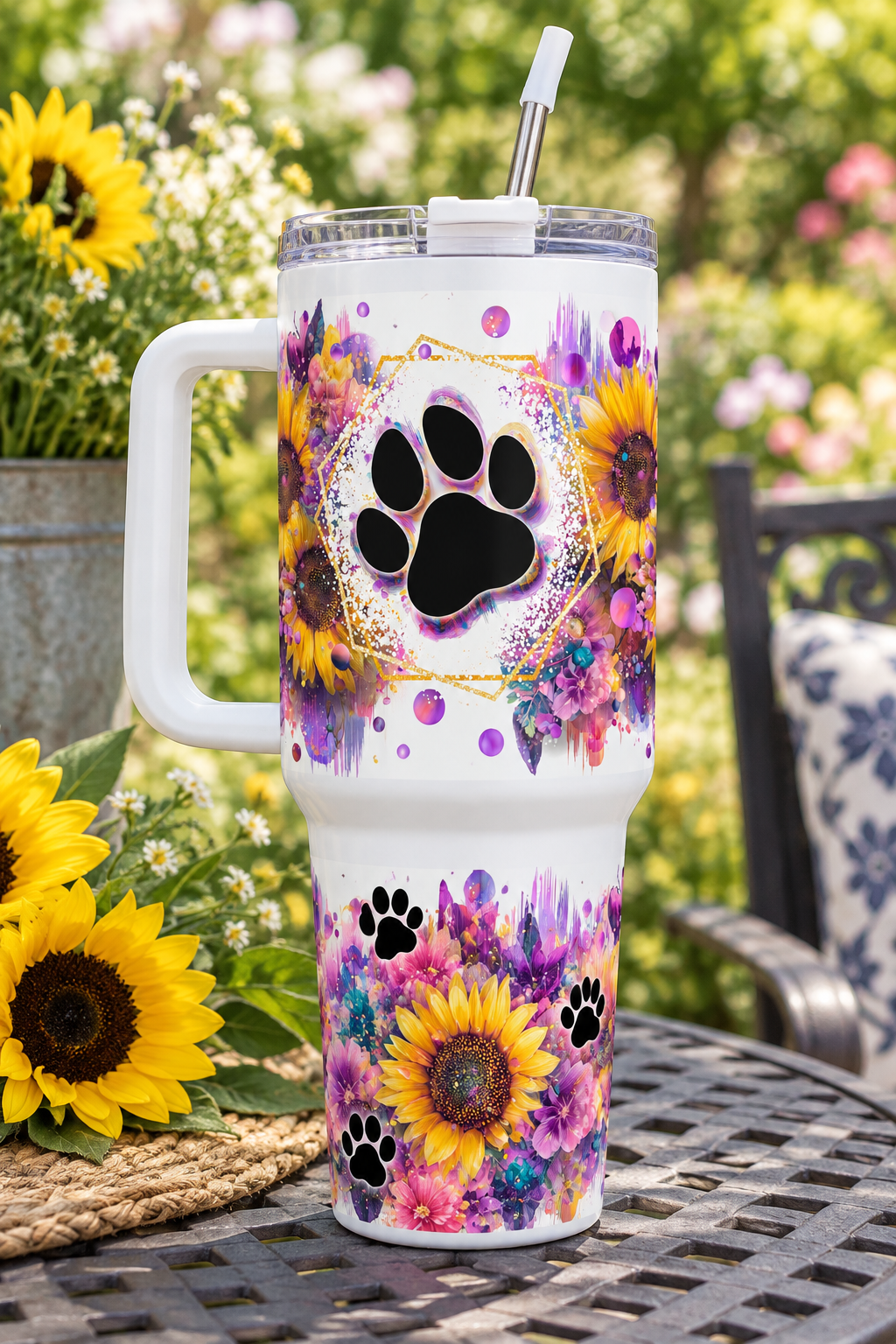 Sunflower paw print 40oz tumbler on garden patio table