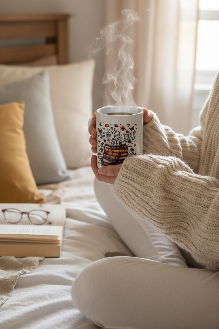 Woman in cream knit cardigan cradling Just One More Chapter Coffee Mug sitting cross legged on bed with open book and soft pillows