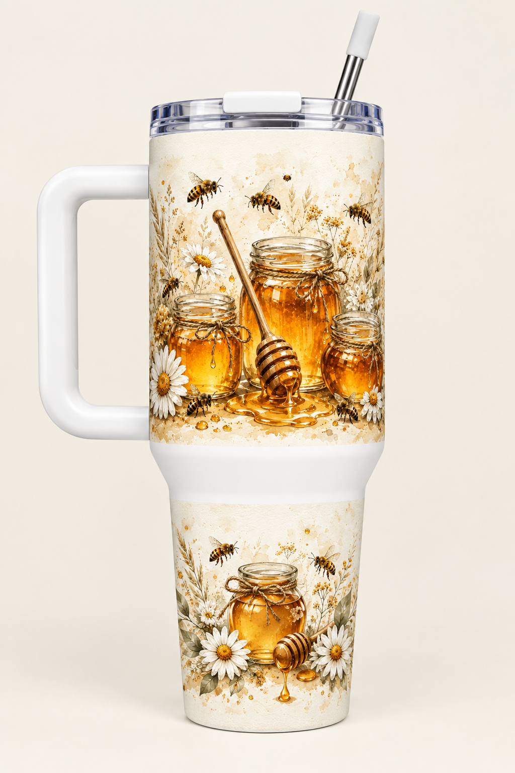 40oz white tumbler with honey jars, bees and white daisies