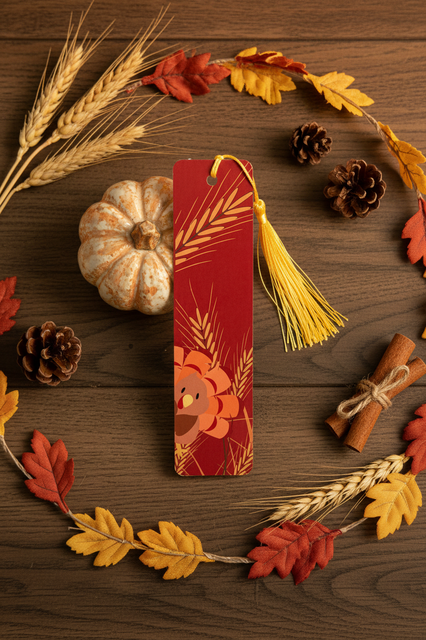 Thanksgiving Wheat Bookmark back with gold tassel standing against small decorative pumpkin surrounded by dried wheat pine cones cinnamon sticks and autumn leaf garland