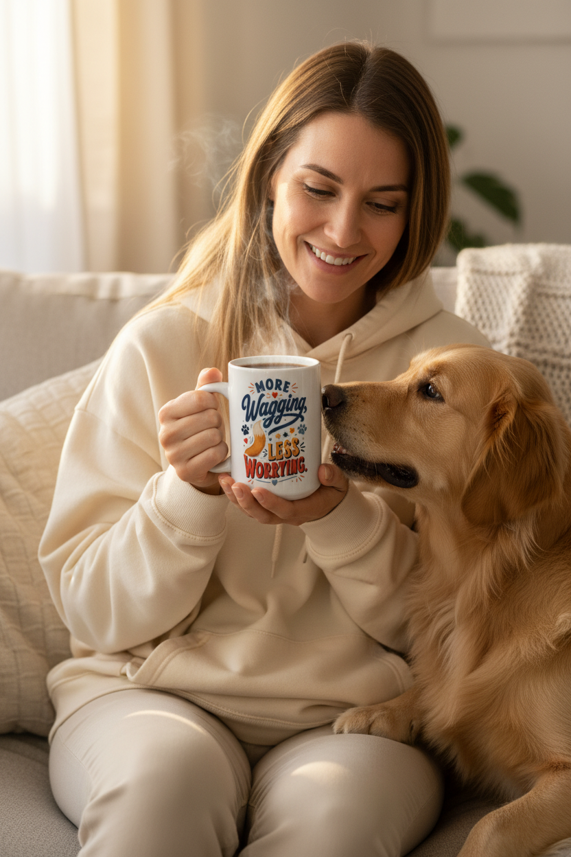 Smiling woman in casual sweatshirt holding More Wagging Less Worrying Coffee Mug on couch with happy golden retriever nudging her arm